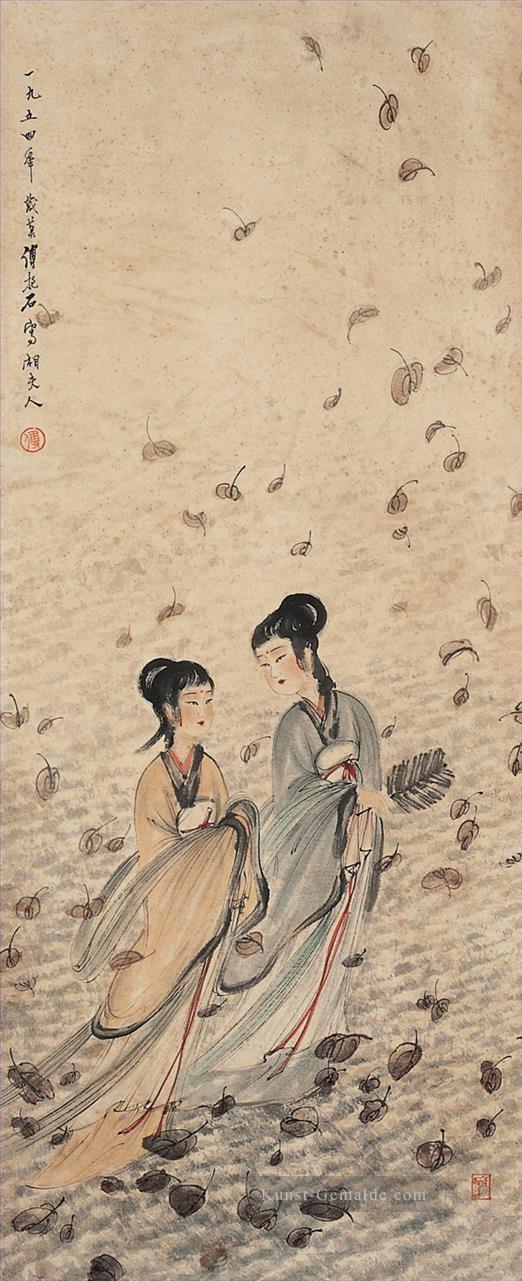 Zwei Damen in fallenden Blättern Fu Baoshi traditionellen Chinesen Ölgemälde